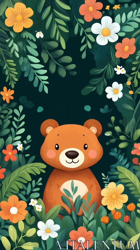 Cute Bear Amidst Flowers AI Image