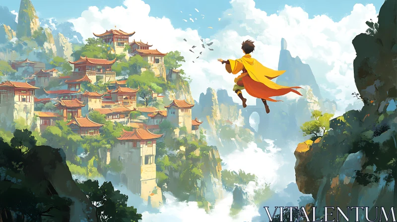 AI ART Fantasy Scene of Flight Over Mountain Village