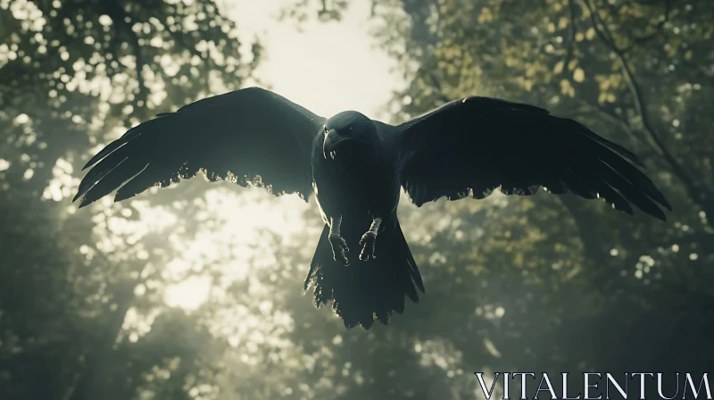 Black Bird Flying in Forest AI Image