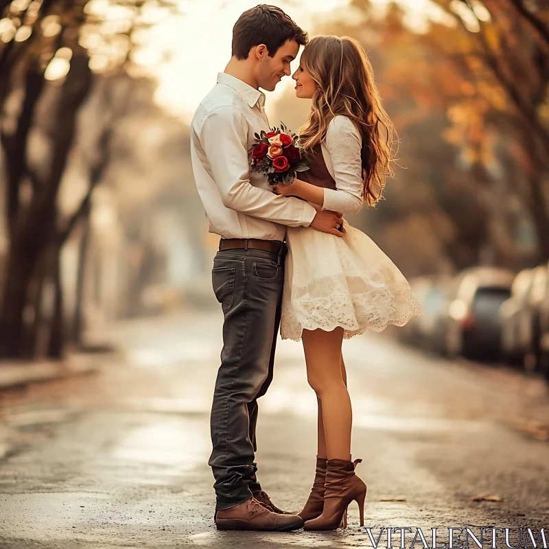 Autumn Love: Couple's Embrace on City Street AI Image