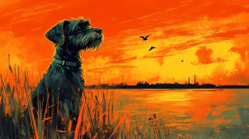 Dog in a Fiery Sunset Landscape