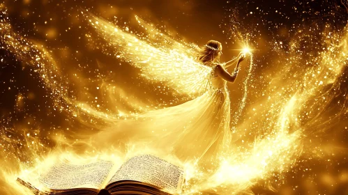 Radiant Angel Holding Stars Above Book