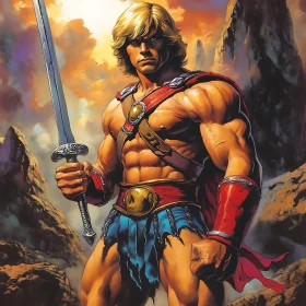 Muscular Hero Holding Sword in Mountainous Scene