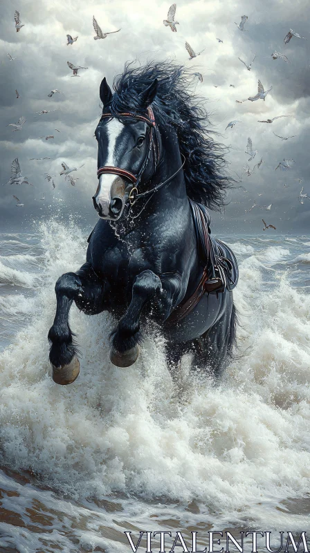 Black Horse Galloping Through Waves AI Image