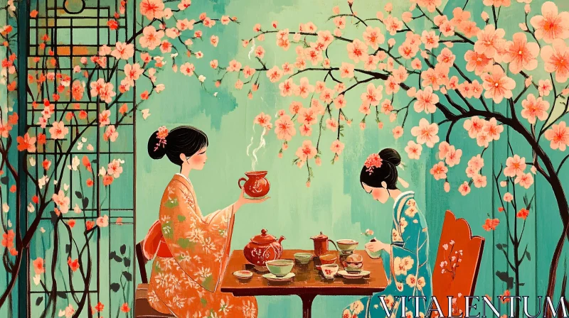 AI ART Serene Tea Time with Cherry Blossoms