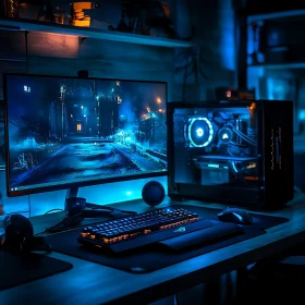 Advanced Gaming Station with Cool Blue Ambiance