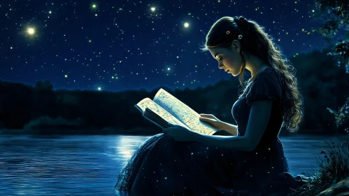 Woman Reading Book Under Starry Sky