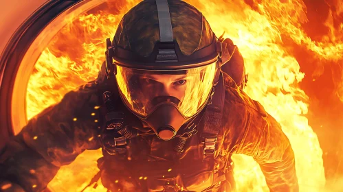 Brave Firefighter Battling Flames