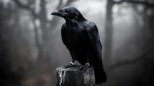 Black Raven Portrait on Wooden Post