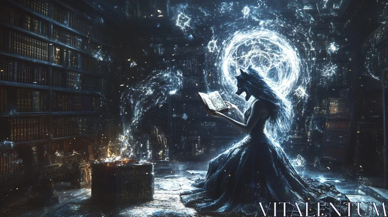 Mystical Library Scene with Wolf Woman AI Image