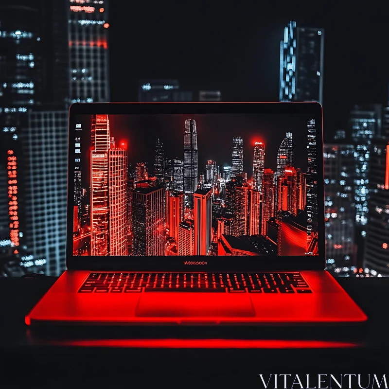 Red-Lit Urban Cityscape on Laptop Screen AI Image