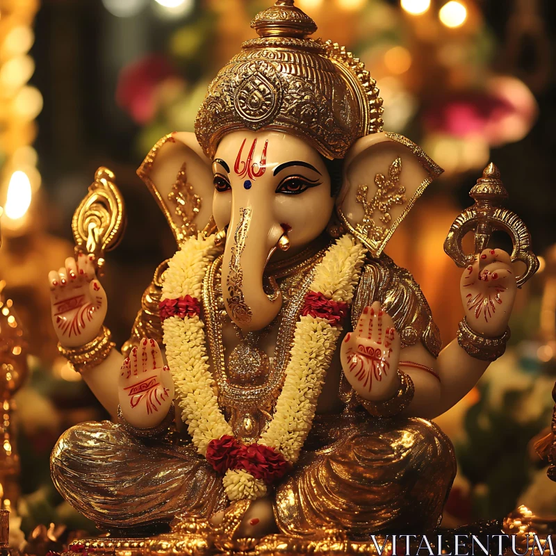 Ganesha Idol with Floral Garland AI Image