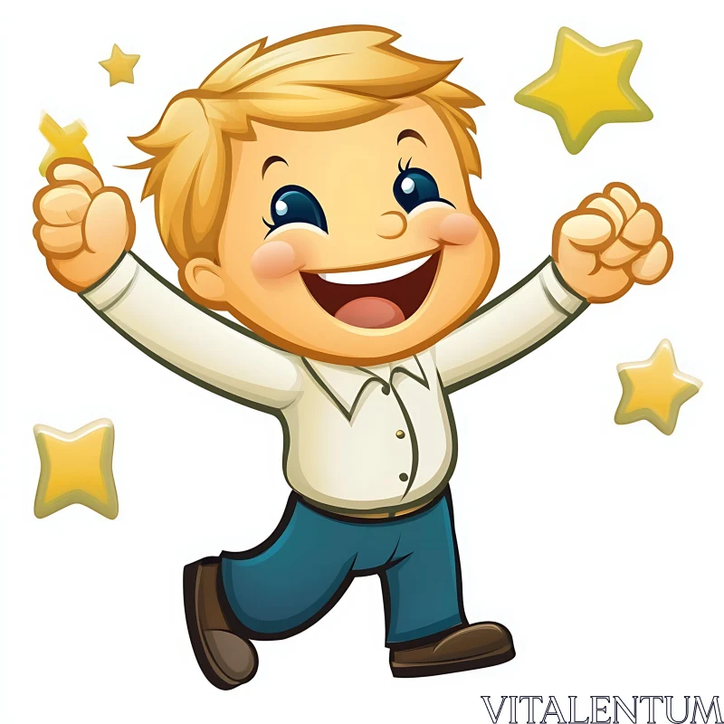 Happy Boy with Stars Cartoon Illustration AI Image