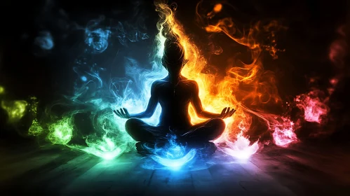 Colorful Smoke and Fire Around Meditative Silhouette