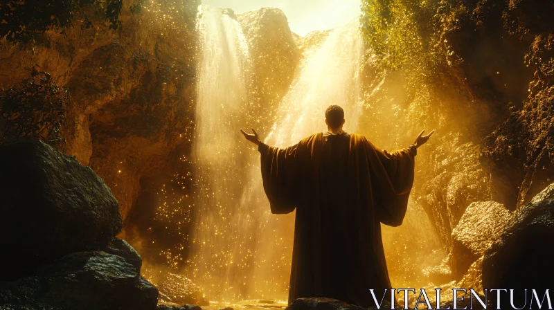 Man Embracing Golden Waterfall AI Image