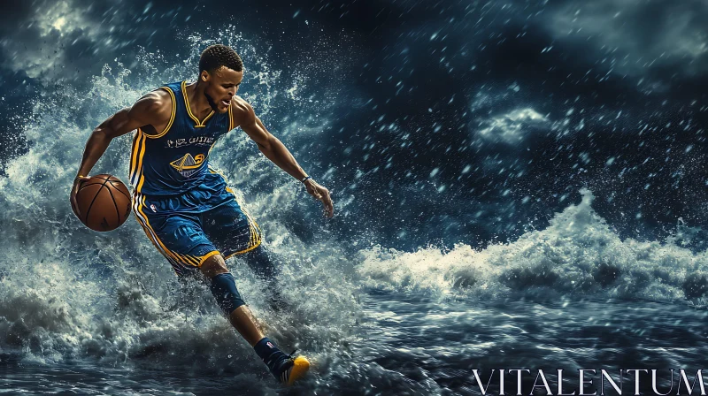 AI ART Athlete Dribbling Through Ocean Waves