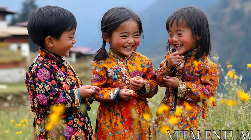 Kids Laughing in Flower Field AI Image