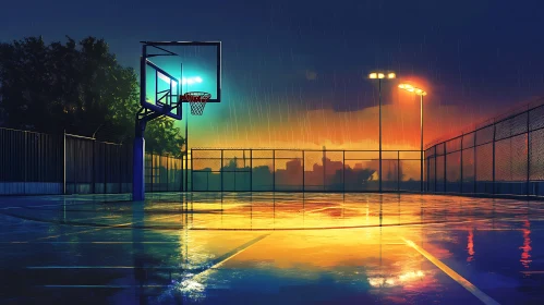 Wet Basketball Court at Dusk