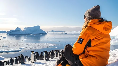 Penguins in Antarctica with Person in Orange