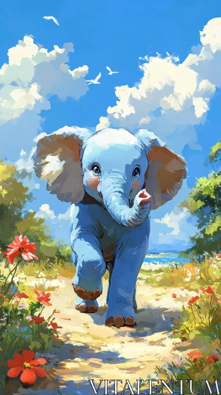 Charming Elephant in a Floral Landscape AI Image