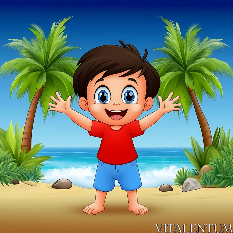 AI ART Cartoon Boy Welcoming the Beach