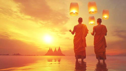 Serene Sunset with Monks and Lanterns