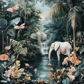 Tropical Elephants in Serene Waterfall Setting