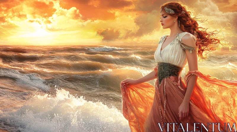 Sunset Sea Woman AI Image