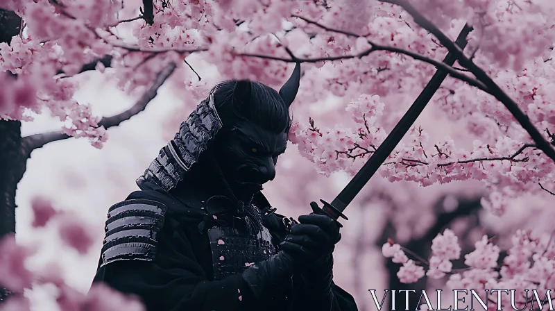 Armored Samurai with Katana Under Pink Blossoms AI Image