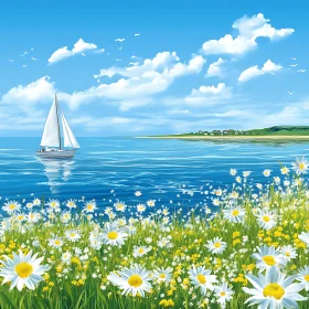 Peaceful Seascape with Sailboat and Flowers