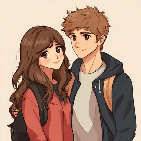 Cartoon Couple with Backpacks Anime Style