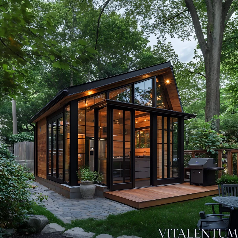 Contemporary Glass Cabin in Lush Green Backyard AI Image