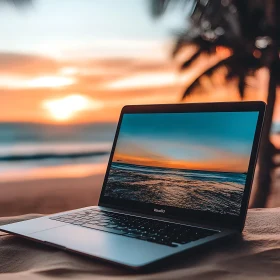Laptop on Beach at Sunset