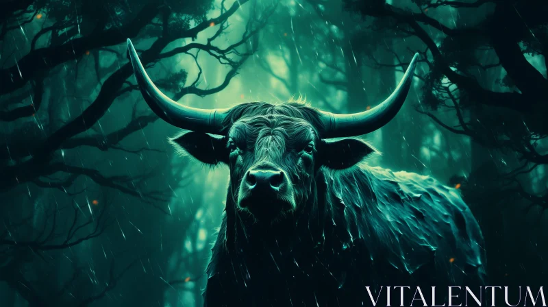 Aggressive Digital Illustration of a Bull in a Dark Forest AI Image