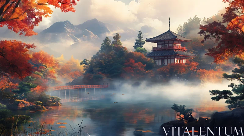 Japanese Pagoda in Fall Landscape AI Image