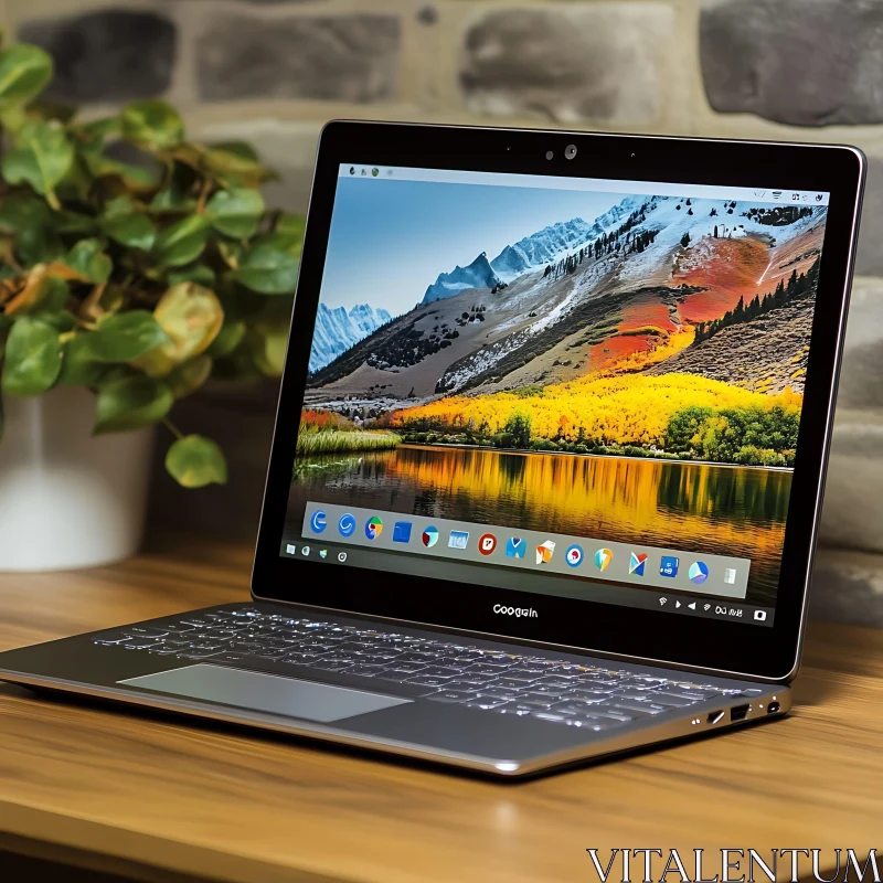 Sleek Laptop on Wooden Desk with Mountain Background AI Image