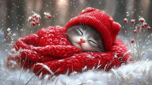 Snug Cat in Snow with Red Scarf and Hat