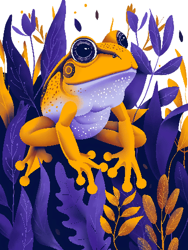 Cartoon Yellow Frog on Purple Leaves for Merchandise POD Design