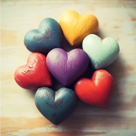 Assorted Painted Hearts on Wooden Background