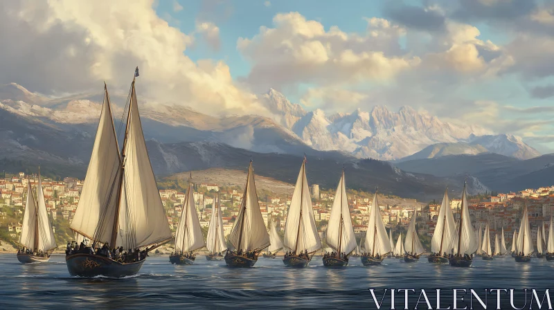 Sailboats Fleet Racing Near Coastal Mountains