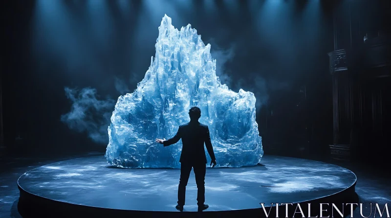 Frozen Moment: Man Confronts Ice Art AI Image