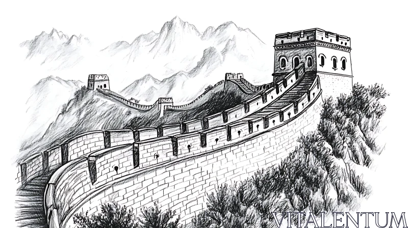 Monochrome Sketch of the Great Wall AI Image