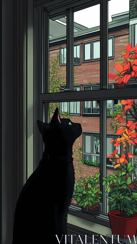 Feline Observing the Urban Fall Scenery AI Image