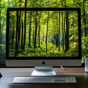 Blending Technology with Nature: Desktop Computer with Forest Screen