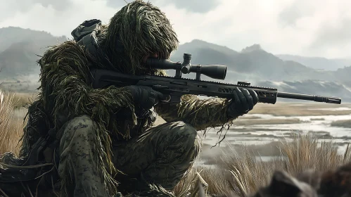 Warrior with Rifle Aims in Tall Grass