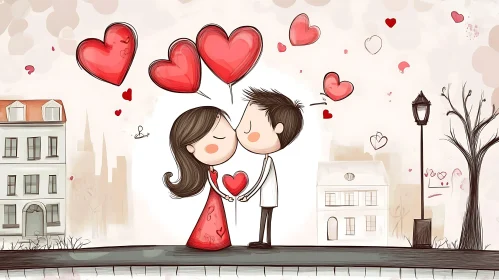 Whimsical Love Scene with Cartoon Characters