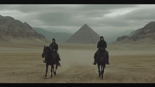 Mysterious Horseback Riders near Pyramids in Gothic Style