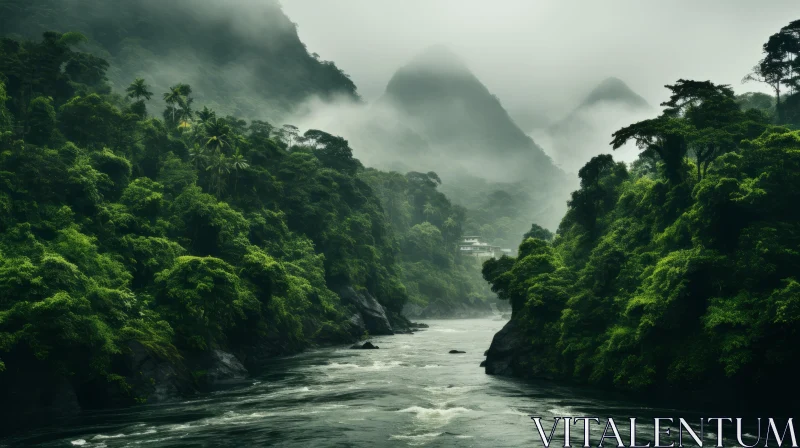 Mystic Rainforest River and Waterfalls - An Atmospheric Landscape AI Image