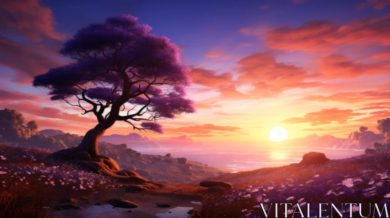 Mystical Landscape Bathed in a Purple Sunset AI Image