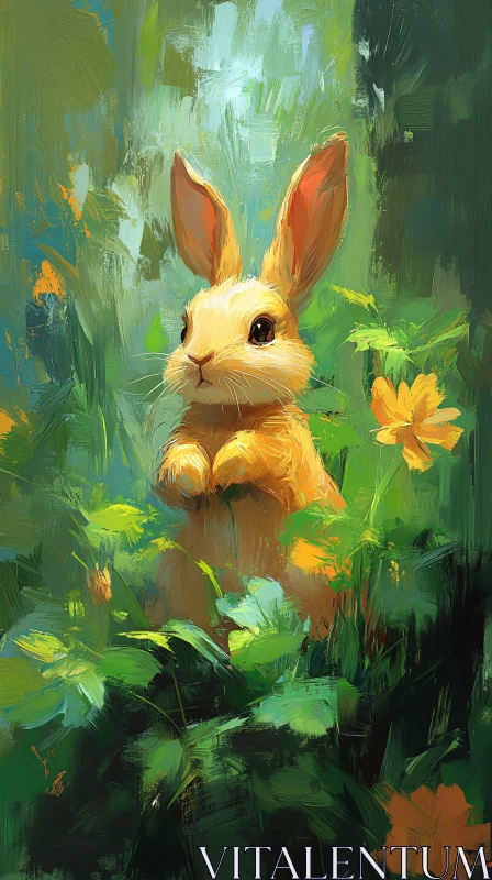 Vivid Bunny Artwork Amongst Green Foliage AI Image